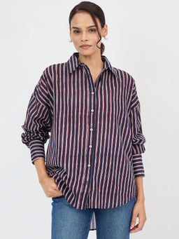 Femmella - Navy Cotton Stripe Oversized Shirt