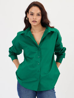 Femmella - Green Poplin Back Button Detailing Shirt