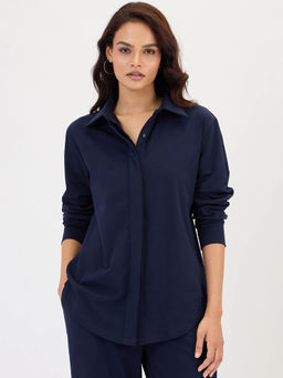 Femmella - Navy Blue Solid Travel Shirt