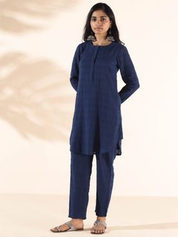 trueBrowns - Navy Blue Cotton Dobby Relaxed Co-Ord (Set of 2)