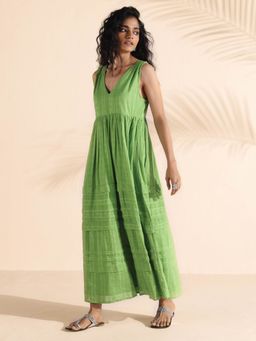trueBrowns - Green Cotton Dobby Yoke Dress