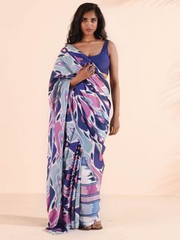 trueBrowns - Multi-Color Purple Muslin Ikat Saree without Blouse