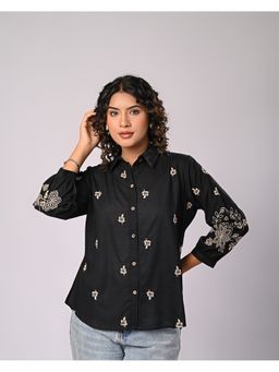 Zolo Label - Elegant Black Floral Embroidered Sleeves Button-Down Shirt