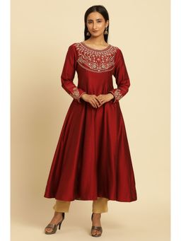 W - Red Festive Solid Rayon A-Line Kurta
