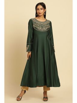 W - Green Festive Solid Rayon A-Line Kurta