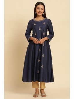 W - Blue Festive Solid Rayon A-Line Kurta