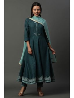 W - Teal Festive Polka Print Rayon Kurta with Straight Pants & Dupatta (Set of 3)