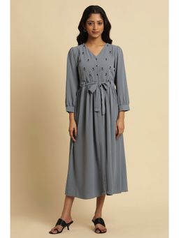 W - Blue Solid Georgette Flared Dress with Belt (Set of 2)