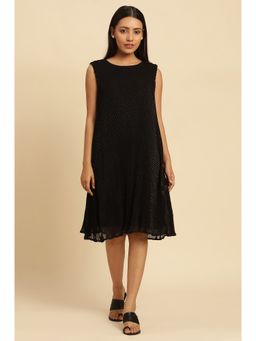 W - Black Pleated Georgette Flared Dress
