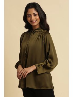 W - Green Solid Viscose A-Line Shirt