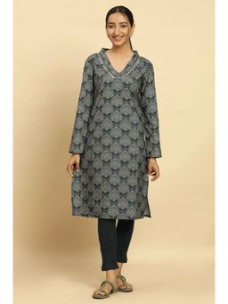 W - Green Festive Printed Cotton Kurta with Leggings (Set of 2)