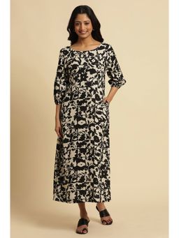 W - Black Abstract Print Rayon A-Line Dress