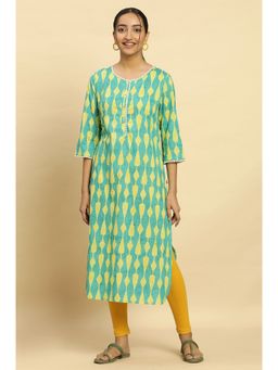 W - Green Print Cotton Straight Kurta