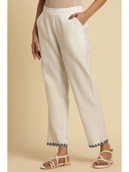 W - Straight Fit Cream Cotton Blend Straight Pant