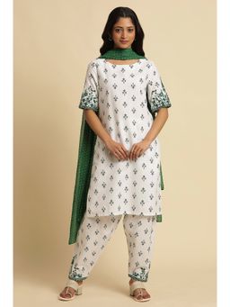 W - Festive Floral Print Cotton White Kurta with Salwars & Dupatta (Set of 3)