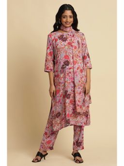 W - Pink Floral Print Rayon Kurta with Straight Pants & Dupatta (Set of 3)