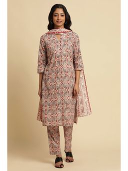 W - Beige Printed Cotton Kurta with Straight Pants & Dupatta (Set of 3)