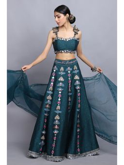 Arpita Sulakshana - Teal Handpainted Lehenga Blouse with Dupatta (Set of 3)