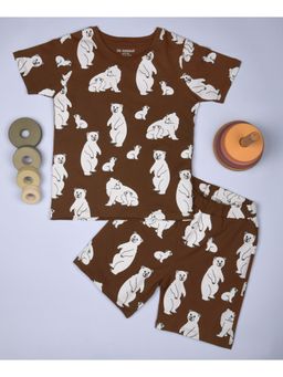 Be Awara - Half Sleeves Cotton T-shirt & Shorts Bear Print Brown (Set of 2)