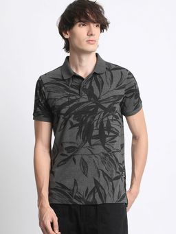 The Bear House - Men Cotton Floral Regular Fit Collar Neck Grey Polo T-Shirt