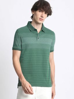 The Bear House - Men Striped Cotton Collar Neck Green Polo T-Shirt