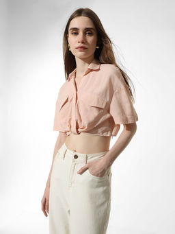 ONLY - Pink Knot Detail Crop Shirt