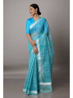 Unnati Silks - Turquoise Blue Pure Block Printed Kota Cotton Saree with Unstitched Blouse