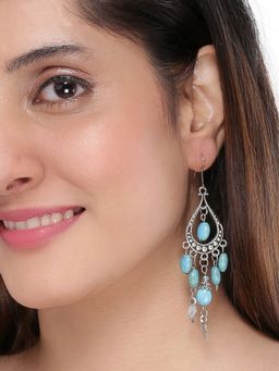 Yellow Chimes - Blue and Silver-Toned Square Drop Earrings