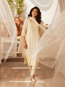 Aurelia - Pastel Beige Embroidered Kurta, Pants and Dupatta (Set of 3)