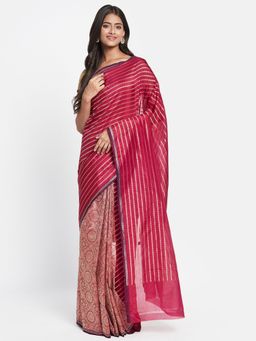 Fabindia - Pink Silk Blend Woven Saree without Blouse