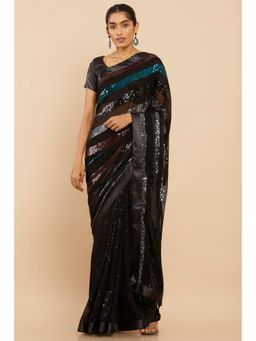 Soch - Women Black Georgette Embellished & Sequined Saree with Unstitched Blouse