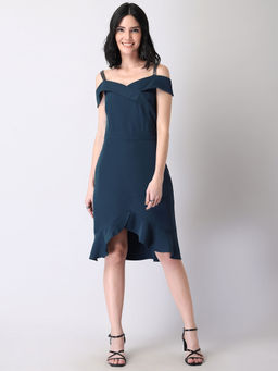 FabAlley - Teal Embellished Ruffle Bodycon Dress