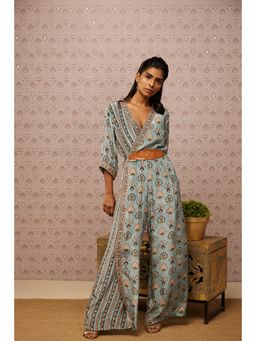 Soup by Sougat Paul - Blue & Multi Sarouk Floral Overlap Jumpsuit with Belt (Set of 2)
