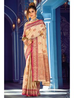 Sangam Prints - Cream Banarasi Silk Woven Zari Work Traditional Saree with Unstitched