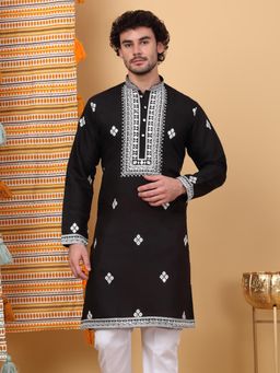 KRAFT INDIA LUXE - Men'S Black Cotton Silk Ethnic Motifs Embroidered Kurta