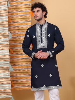 KRAFT INDIA LUXE - Men'S Navy Blue Cotton Silk Ethnic Motifs Embroidered Kurta