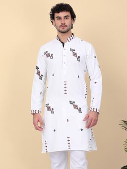 KRAFT INDIA LUXE - Men'S White Ethnic Motifs Embroidered Linen Kurta