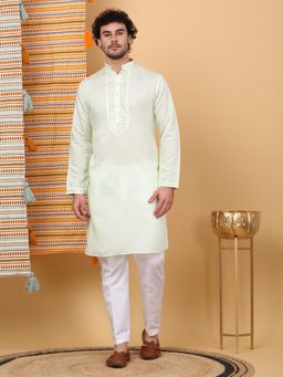 KRAFT INDIA LUXE - Men'S Light Green Cotton Silk Ethnic Motifs Embroidered Kurta