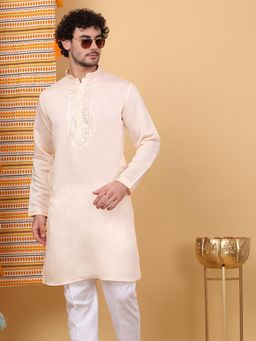 KRAFT INDIA LUXE - Men'S Peach Cotton Silk Ethnic Motifs Embroidered Kurta