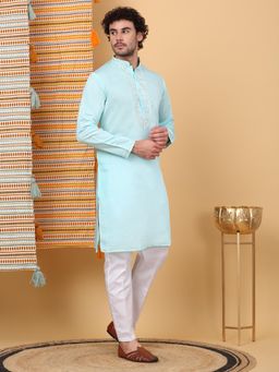 KRAFT INDIA LUXE - Men'S Sky Blue Cotton Silk Ethnic Motifs Embroidered Kurta