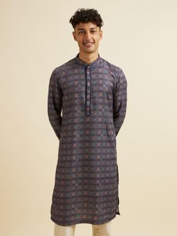 Manyavar - Dark Blue Jaal and Medallion Patterned Kurta for Men
