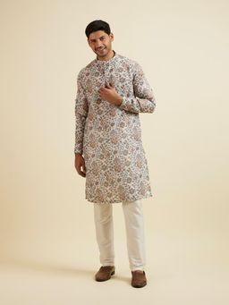 Manyavar - Beige Bel Buti Printed Kurta for Men