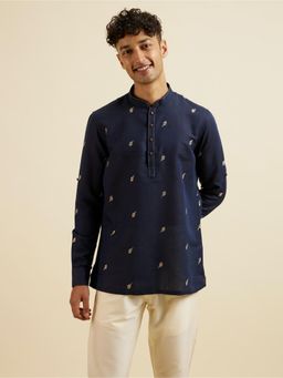 Manyavar - Dark Blue Embroidered Short Kurta for Men