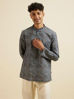 Manyavar - Dark Blue Kaleidoscopic Print Short Kurta for Men
