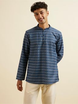 Manyavar - Dark Blue Floral Buta Printed Short Kurta for Men