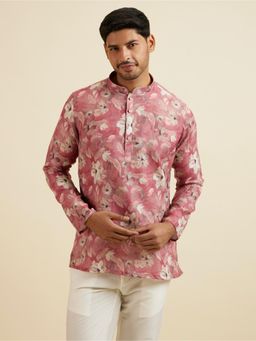 Manyavar - Coral Pink Floral Printed Short Kurta for Men