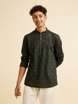 Manyavar - Dark Green Buta Patterned Short Kurta for Men