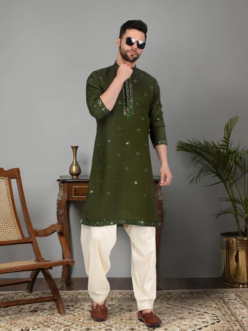 KRAFT INDIA LUXE Men'S Olive Green Cotton Silk Sequin Worked Kurta