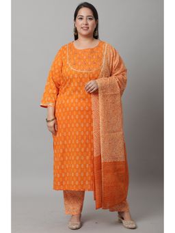 Rajnandini - Womens Orange Pure Cambric Cotton Embroidered Kurta Pant with Dupatta (Set of 3)