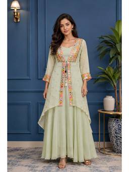 Rizabella - Mint Green Embroidered High-Low Jacket with Inner and Palazzo